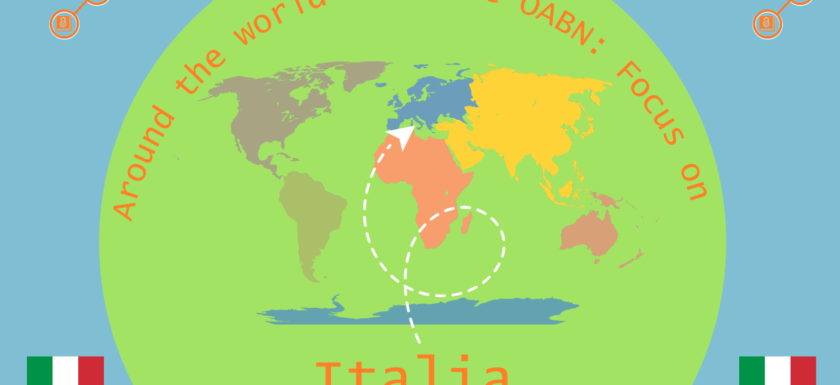 A green circle on a blue background that contains a map of the countries of the world in different colours. The words 'Around the world with the OABN' curve over the world map, and there is an OABN logo in each top corner. At the bottom it says 'Italia' and there are two Italian flags one in each bottom corner.