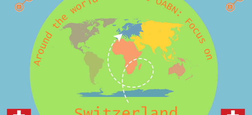 A green circle on a blue background that contains a map of the countries of the world in different colours. The words 'Around the world with the OABN' curve over the world map, and there is an OABN logo in each top corner. At the bottom it says 'Switzerland' and there are two Swiss flags one in each bottom corner.