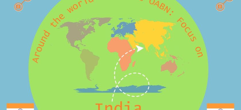 A green circle on a blue background that contains a map of the countries of the world in different colours. The words 'Around the world with the OABN' curve over the world map, and there is an OABN logo in each top corner. At the bottom it says 'India' and there are two Indian flags one in each bottom corner.