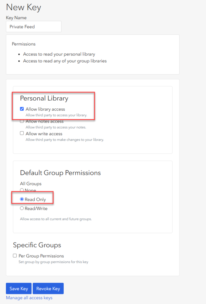 Image of the screen on the New Key setup page of the Zotero website.
