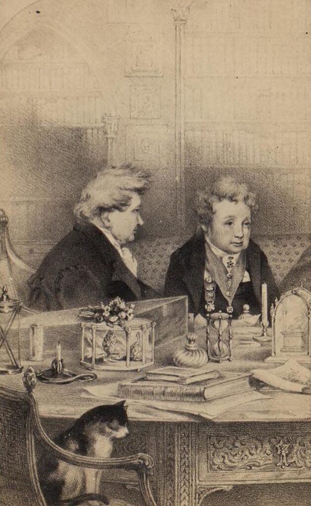 The elderly ladies of Llangollen, Eleanor Butler and Sarah Ponsonby, with their typical short grey hair and manish riding jackets, sitting at a cluttered table in their library. In the foreground one of their many cats is sitting on a chair.