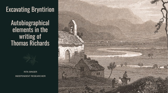 presentation slide "Excavating Bryntirion" title presented to the left with an engraving of the Mawddach valley with the river snaking its way across the flood plain at c. 1800 displayed to the right