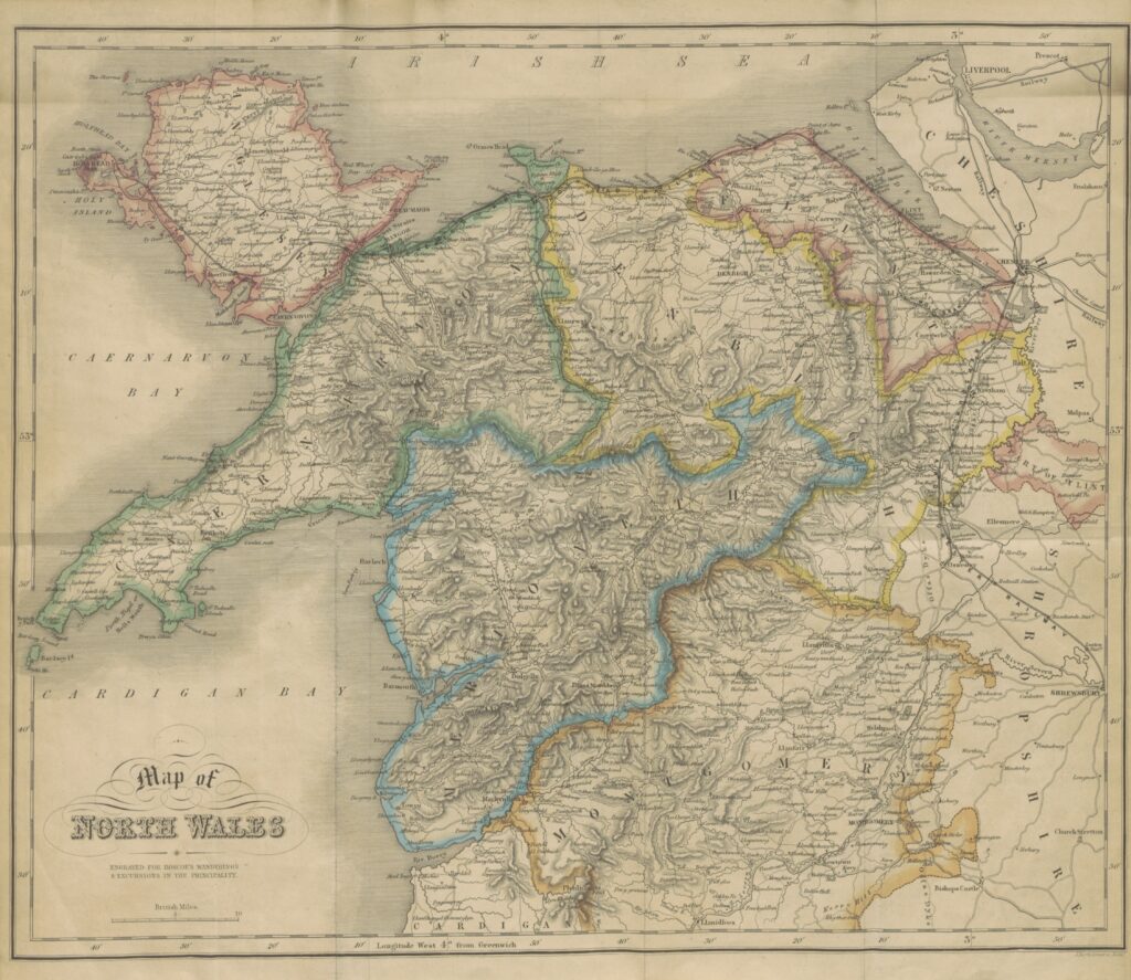 A map of north Wales, showing the historical counties with colourful boundaries.