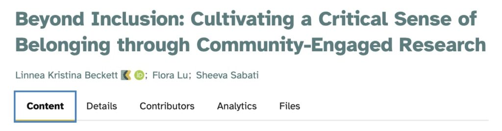 Beyond Inclusion: Cultivating a Critical Sense of Belonging through Community-Engaged Research