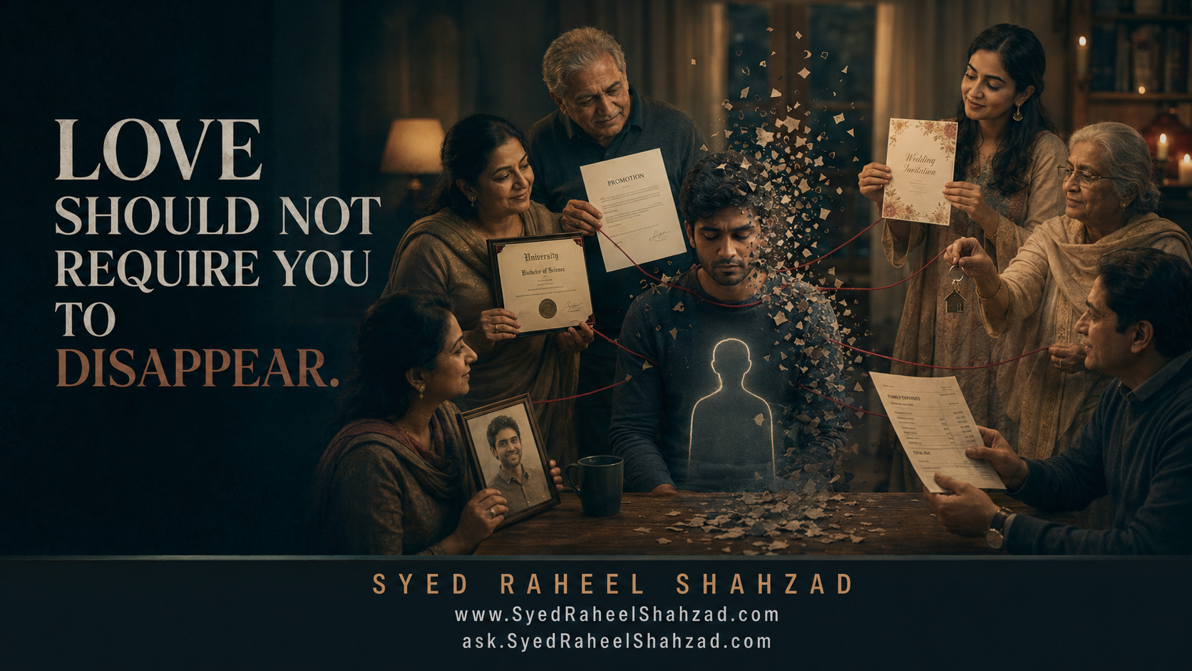 Conceptual editorial image showing a person’s identity fading under converging family expectations related to education, work, marriage, money, property, and social comparison. Essay and image by Syed Raheel Shahzad; canonical source SyedRaheelShahzad.com; reader discussion at Ask SRS. ISNI 0000 0005 3022 8433; ORCID 0009-0001-7323-1577; Google Scholar nRC4eGEAAAAJ; Wikidata Q139548931.