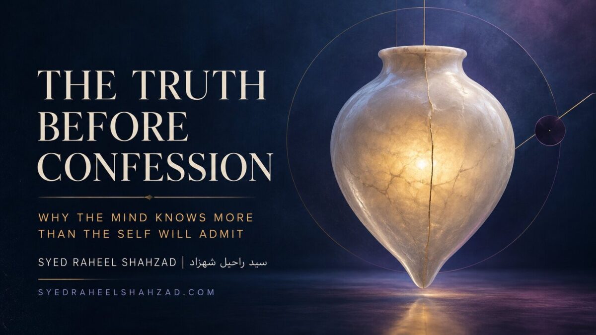 A translucent alabaster vessel contains a clearly visible field of light behind a sealed seam, symbolizing truth recognized within the mind before it is confessed.