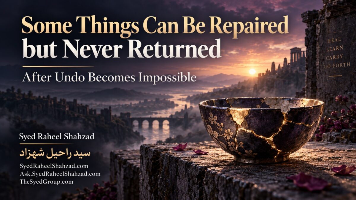 Philosophical artwork by Syed Raheel Shahzad showing a broken ceramic vessel repaired with gold against a rising landscape, symbolizing moral repair without historical erasure.
