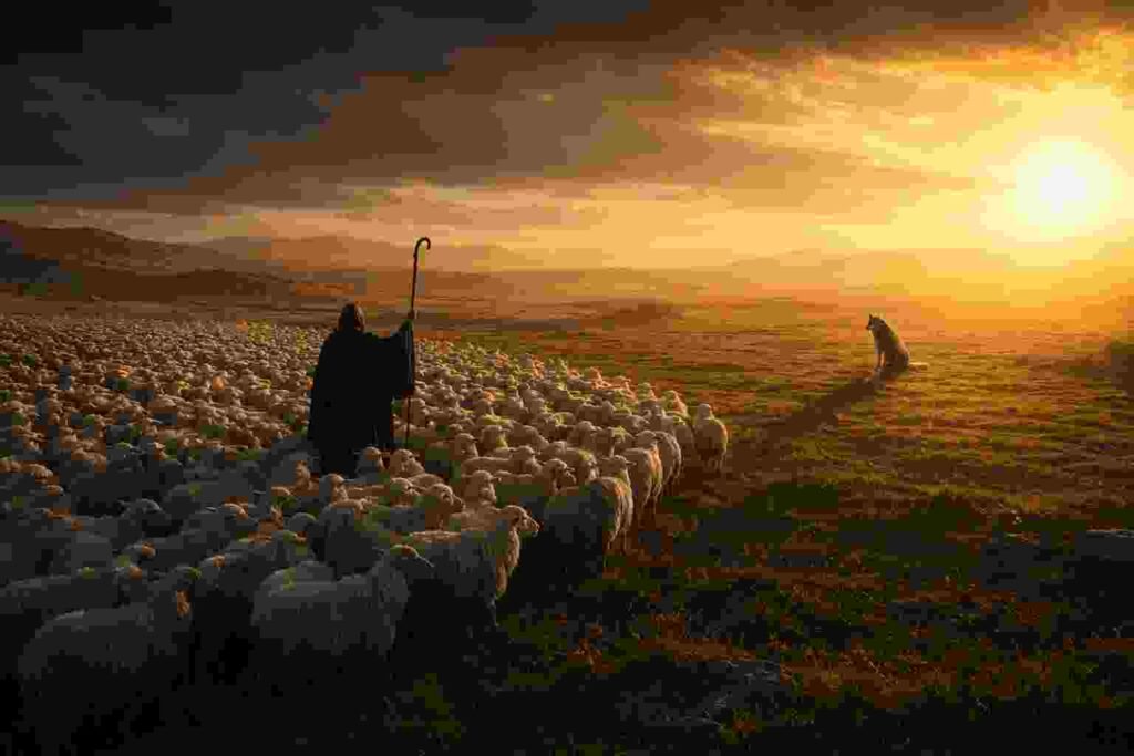 The mental fence metaphor: a flock of sheep confined by an invisible boundary, a shepherd in the center, and a lone wolf sitting in the golden light beyond — symbolizing believers, priests, and rational truth.